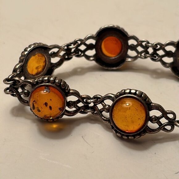 Vintage Sterling Silver and Baltic Amber Linked ornate bracelet 7.5” - Picture 3 of 7